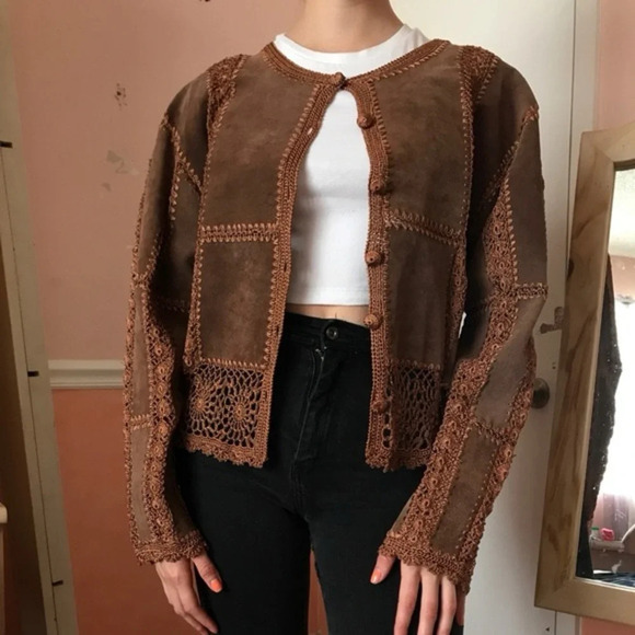 Vintage Scully Leather Suede Crotchet Patchwork Jacket - Size 8 - Picture 1 of 8
